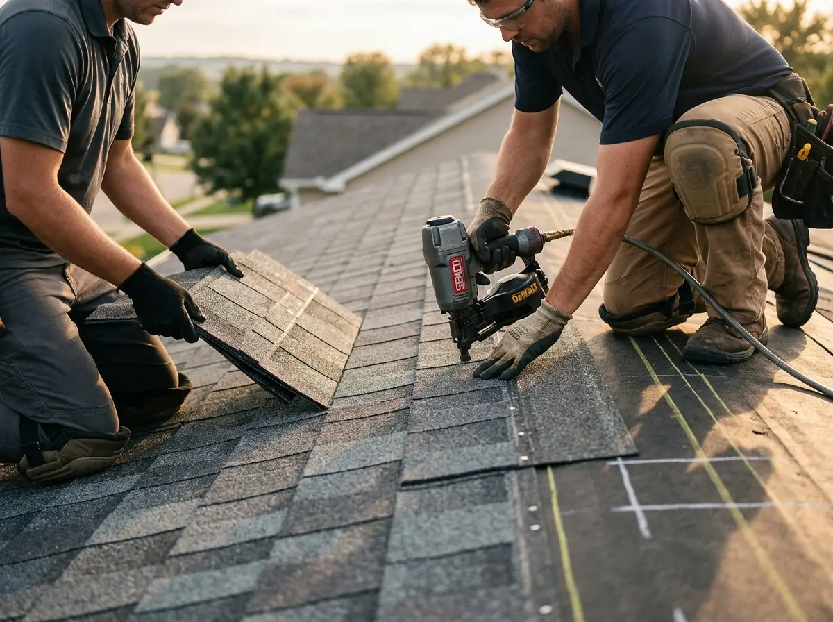 Professional roofer working on a residential roof in College